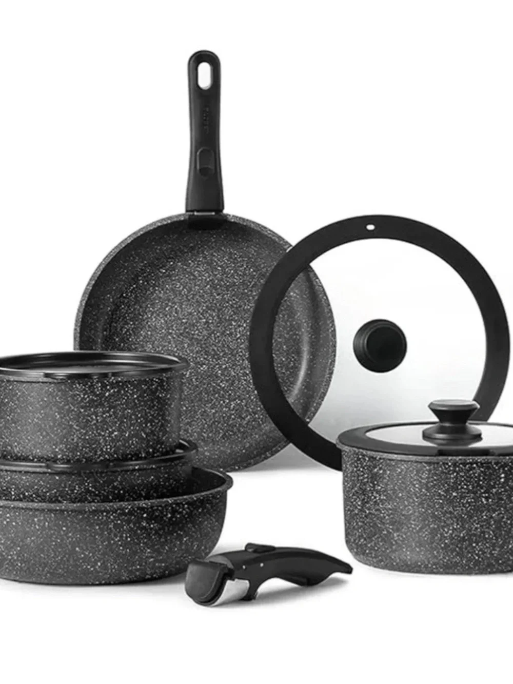 CAROTE 11pcs Nonstick Cookware Set With Detachable Handle, Jet Black